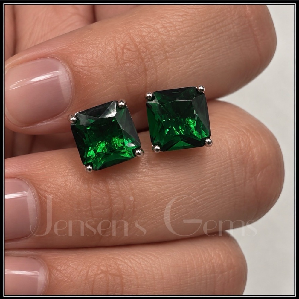 Green Emerald Square 925 Silver Stud Earrings